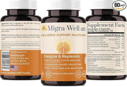Migra-Well AM: Energizing Daily Methylated Multivitamin with Bioavailable Minerals & Antioxidants Supporting Brain & Nerve Heath for Women and Men - Without Iron (60 Capsules)