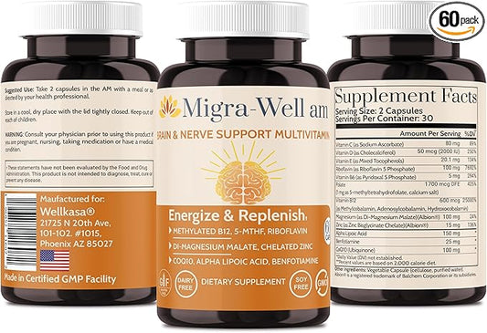 Migra-Well AM: Energizing Daily Methylated Multivitamin with Bioavailable Minerals & Antioxidants Supporting Brain & Nerve Heath for Women and Men - Without Iron (60 Capsules)