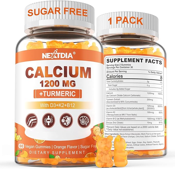 Calcium 1200 mg with Vitamin D3 Gummies - Calcium + Turmeric Supplement for Women and Men with Vitamin K2 B12 - Support Bone & Muscle - Sugar Free - Vegan (60 Count)