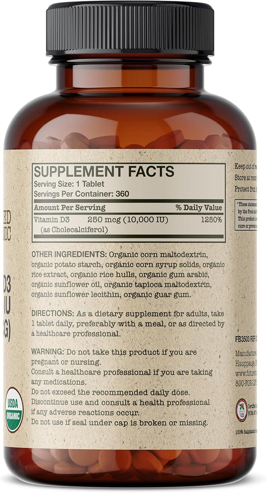 Futurebiotics Vitamin D3 10,000 IU (250 MCG) Supports a Healthy Immune Response, Helps Maintain Strong Bones and Muscles, 360 Organic Tablets