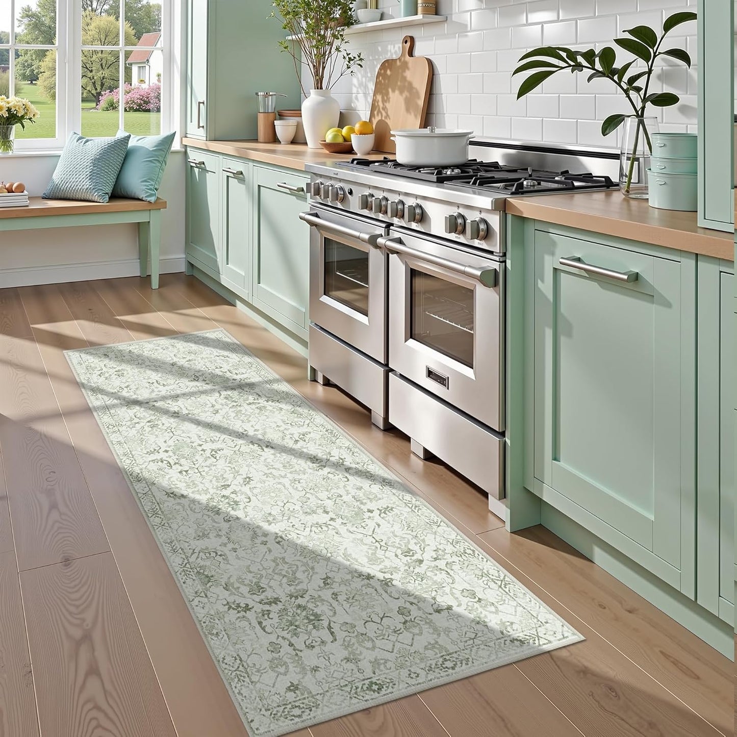 Sage Green 2x6 Runner Rug for Hallways Bed Side Kitchen, Boho Washable Distressed Low-Pile Floor Entryway Long Bathroom Mat, Non-Slip Laundry Room Washstand Front Carpet Green 24x72 Inch