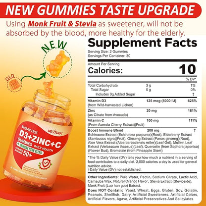 Sugar Free Vitamin C + D3 + Zinc Gummies for Adults 50 +, 9 in 1 Immune Defense Supplement with D3 5000IU, Elderberry, Echinacea, Mullein Leaf for Boost Immunity, Power Antioxidant, Vegan (Pack of 2)