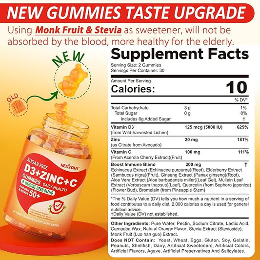 Sugar Free Vitamin C + D3 + Zinc Gummies for Adults 50 +, 9 in 1 Immune Defense Supplement with D3 5000IU, Elderberry, Echinacea, Mullein Leaf for Boost Immunity, Power Antioxidant, Vegan (Pack of 1)