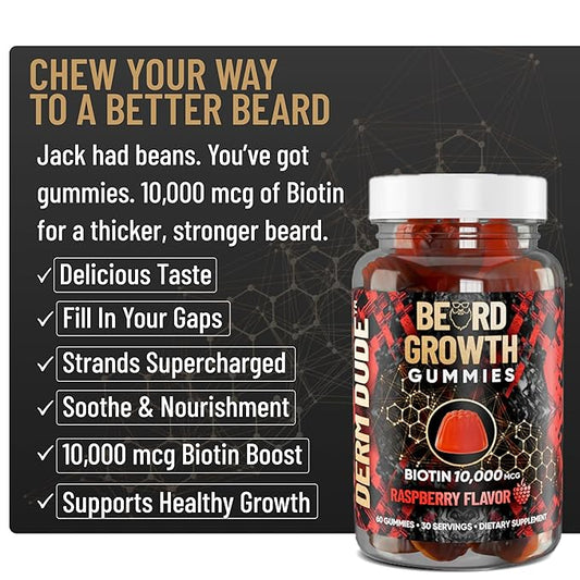 Derm Dude Beard Growth Gummies for Men | Packed With Biotin 10K MCG for Healthier, Thicker, Fuller & Stronger Facial Hair | Restore Hair Breakage & Thinning | Berry Flavored | 60 Gummies 30-Day Supply