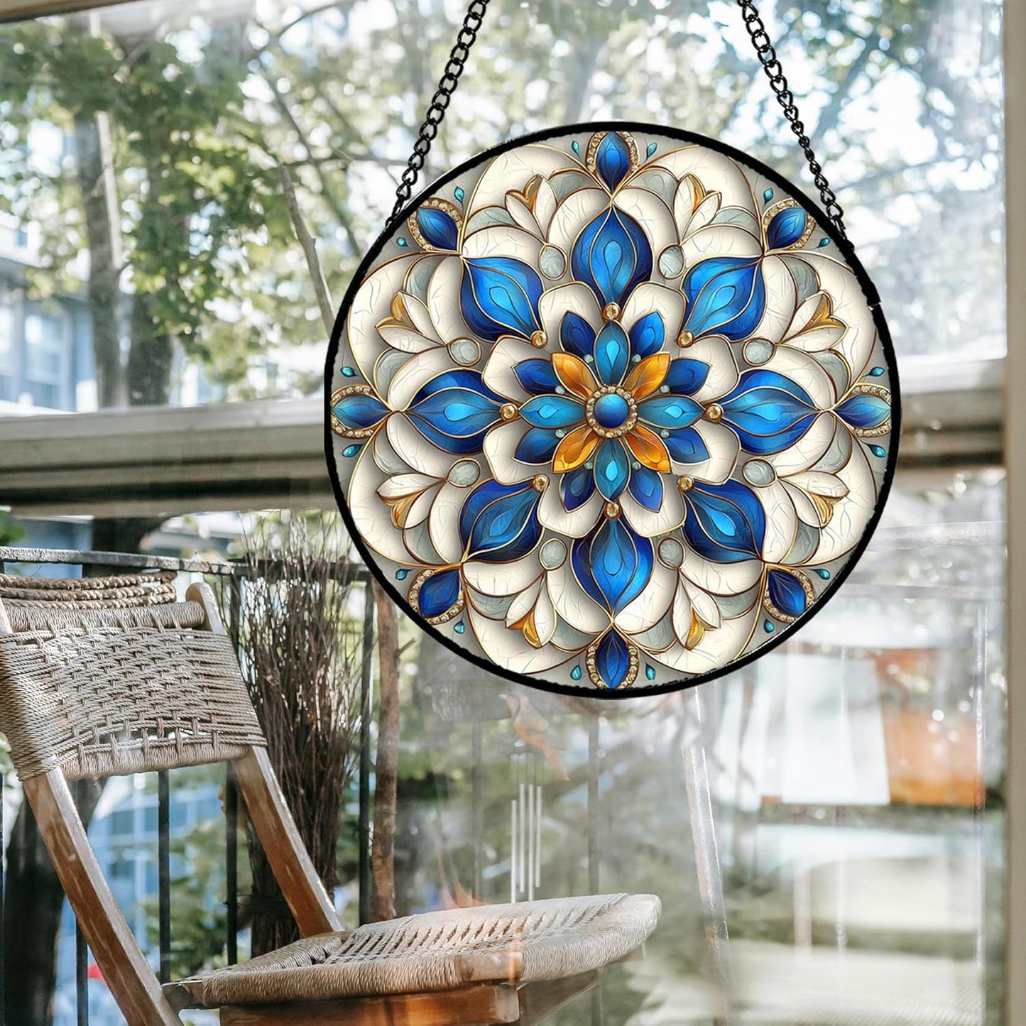 Stained Glass Window Hanging - Blue and White Abstract Flowers Suncatcher for Door Terrace Garden Home Decor, Gold Sun Catcher Birthday Gifts for Lovers Women Men Dad Mom Nana 6.3 in