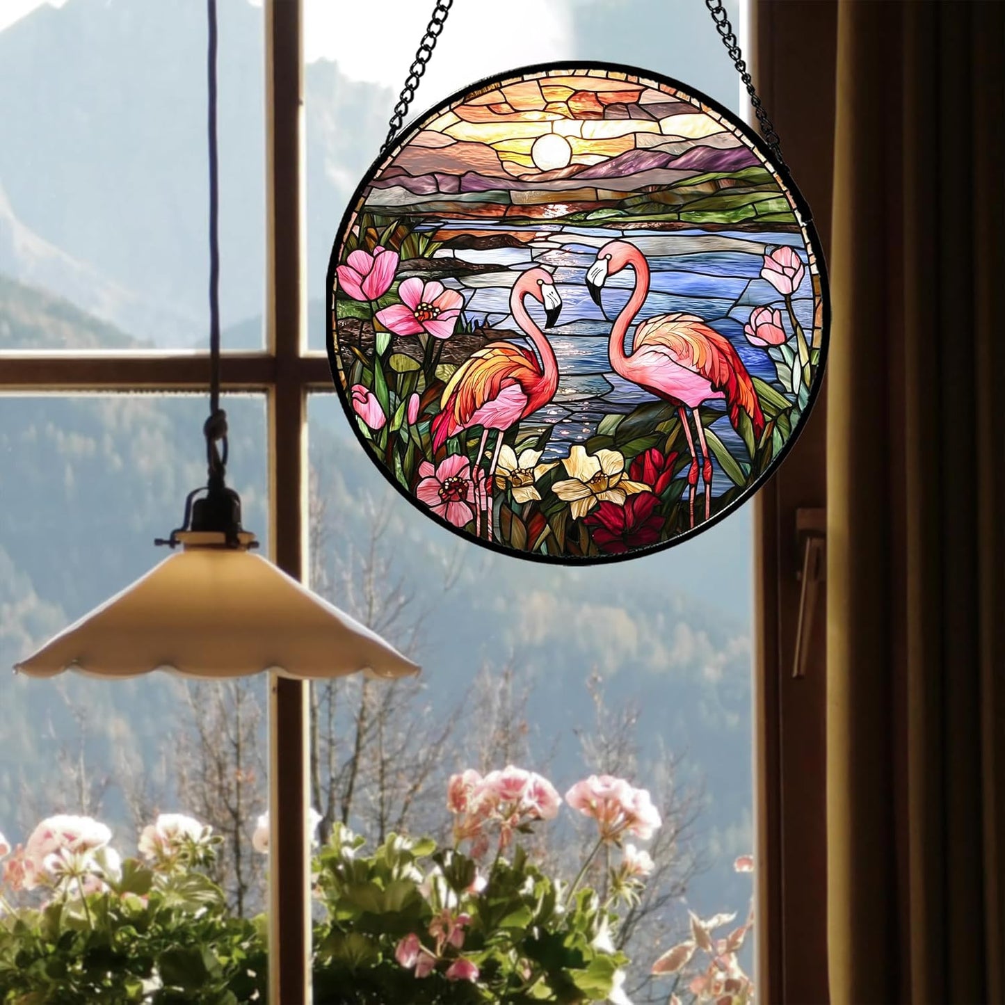 Stained Glass Window Hanging - Flamingo Wildflowers Landscape Suncatcher for Door Terrace Garden Home Decor Sunset Lake Sun Catcher Birthday Gifts for Lovers Women Men Dad Mom Nana 9.8 in