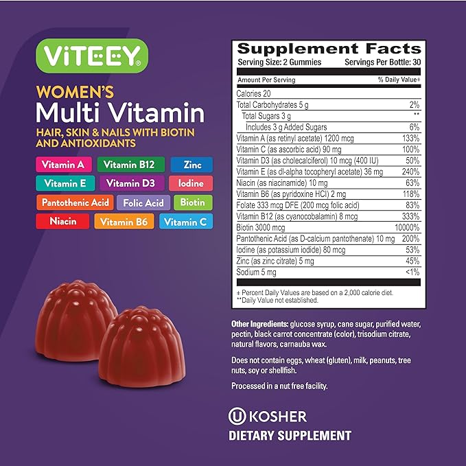 Viteey Womens Multivitamin Gummies - Immune Support - 12 in 1 Essential Vitamins & Minerals - Vitamin A, C, D3, E, B6, B12, Folic Acid, Biotin, Calcium, Zinc & More - Vegetarian - Raspberry Flavored