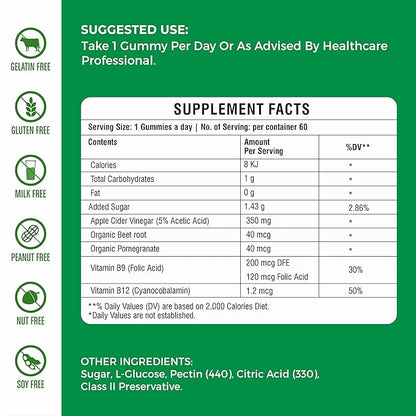 Apple Cider Vinegar Gummies with Vitamin B9 & B12 – 60 Vegan Gummies – Muscle Power Support, Digestive Health, Immunity Boost – Gelatin-Free, Gluten-Free, Soy-Free – Green Apple Flavor