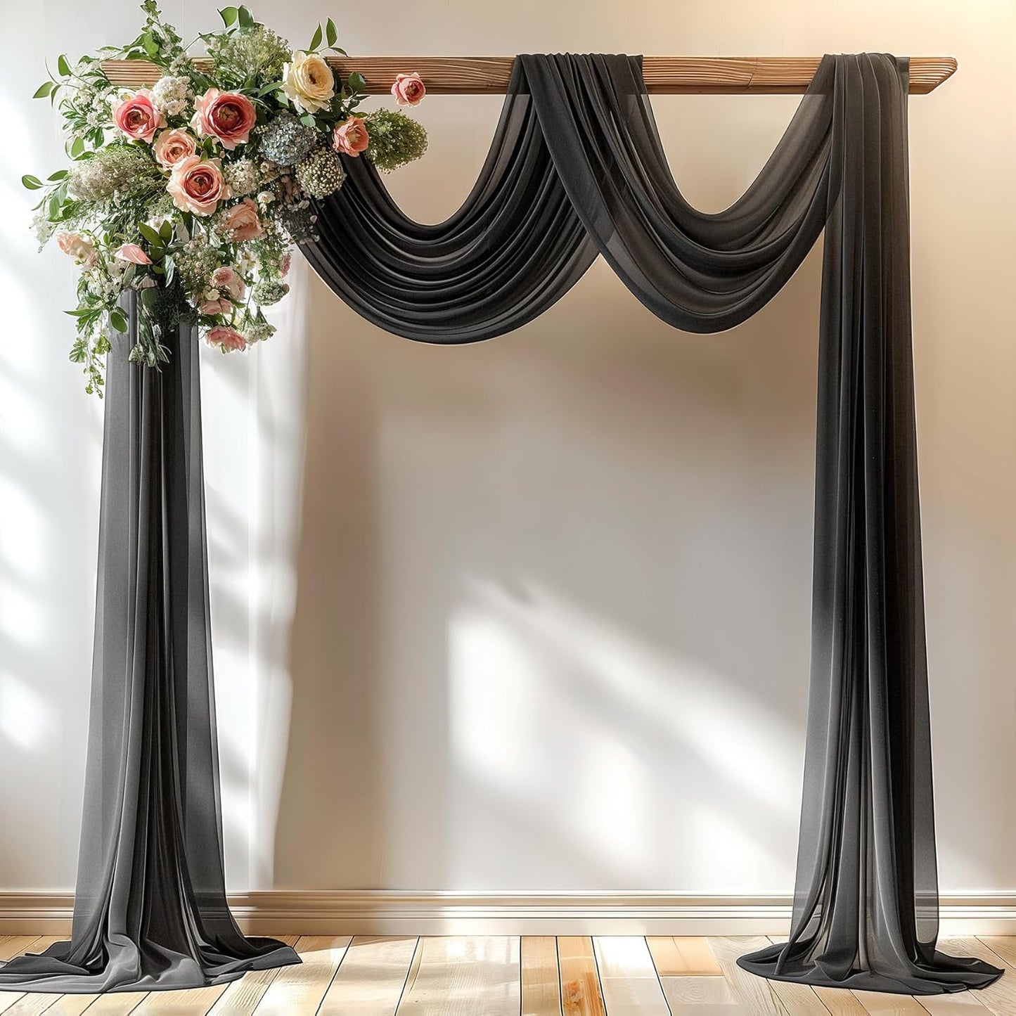 Black Wedding Arch Draping Fabric 2 Panels 30'' x 20FT Black Drapes Sheer Fabric Backdrop Arch Draping Fabrics for Wedding Ceremony Birthday Party Bridal Shower Decoration