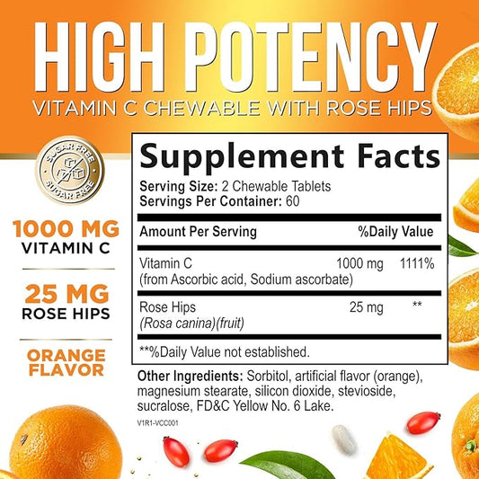 Vitamin C 1000mg Chewable Supplement - Extra Strength Immune Support Vitamin C Dietary Supplement with Rose HIPS, Nature's VitaminC Antioxidant Support, Natural, Vegan, Orange Flavor - 120 Tablets