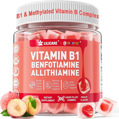 Vitamin B1 & Methylated Vitamin B Complex Gummies - All B Vitamins, Benfotiamine, Thiamine & Inositol, Methylated B1 B2 B6 Multivitamins, L-methylfolate, Methyl B12 for Nerve Cognition Energy, 60 Cts