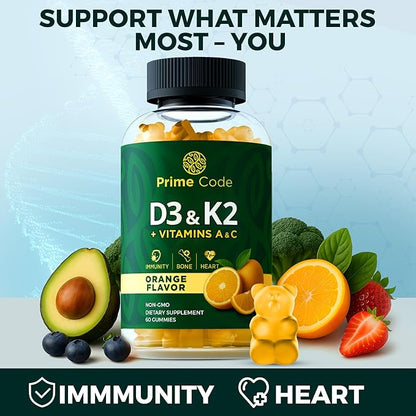 Vitamin D3 K2 with Vitamins A & C Gummies | Vitamin D3 K2 | Vitamin A & C | Vitamin CD | Vitamin ADK | D3K2 | Bone & Heart Health Support | D3 and K2 Gummies | High Absorption | Non-GMO | Gluten-Free