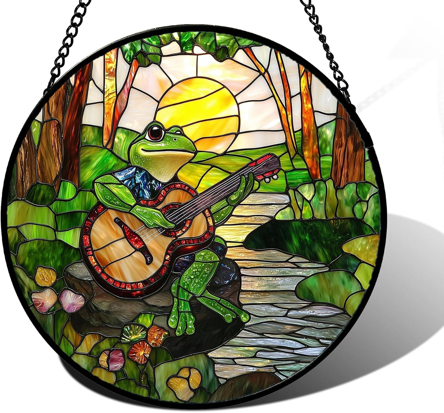 Stained Glass Window Hanging, Frog Playing Guitar Suncatcher Diamond Glass Panel Funny Sun Catchers Decor for Birthday for Women, Men, Wife, Aunt, and Mom 6.3 in