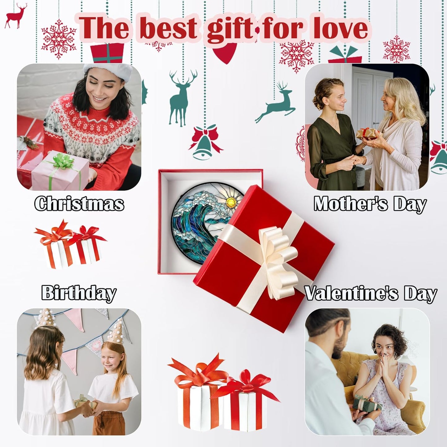 Stained Glass Window Hanging - Blue Green Waves Suncatcher for Door Terrace Garden Home Decor Sunrise Over The Sea Sun Catcher Birthday Gifts for Lovers Women Men Dad Mom Nana 11.8 in