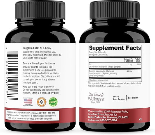 Sandhu's Zinc Quercetin 120 Vegetarian Capsules (Pack of 2) | Zinc Supplements for Antioxidant Immune Support for Men and Women | Gluten, Soy, Dairy Free