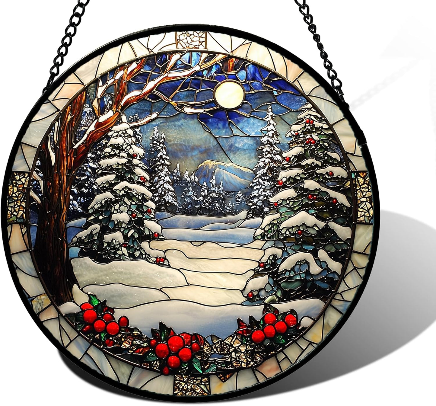 Stained Glass Window Hanging Christmas Tree Winter Snow Night Scenery 9.8" - Suncatcher Door Garden Kitchen Sun Catcher Home Decor Birthday for Mom Men Woman Friend
