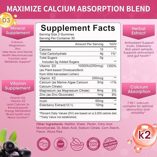 Vitamin D3 10000 IU + K2 (MK-7) 200mcg w/Calcium Magnesium Zinc Elderberry & Inulin-Highly Bioavailable-Enhanced Absorption for Immune & Bone Support- K2 D3 Vitamin Supplement-Vegan Gummies
