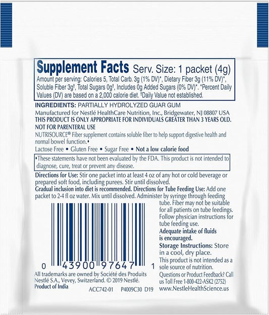 Nestle Nutrisource Fiber Fiber Supplement Unflavored 4 Gram Packet 75 Ct