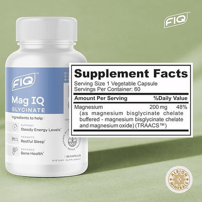 FIQ - Mag IQ Glycinate - Magnesium Bisglycinate Chelate TRAACS - High Absorption Magnesium Glycinate Supplement - Sleep, Daily Energy, & Bone Wellness - 60 Capsules