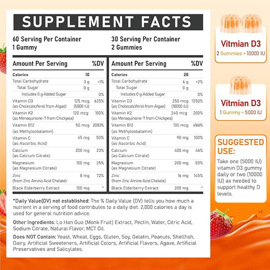 Vitamin D3 Supplement 10000IU for Adult - Vitamin D3 5000IU / 10000IU Gummies with K2, Methyl B12, Calcium, Magnesium, Zinc and Elderberry for Women & Men - Sugar-Free, Vegan Vitamin D Gummies