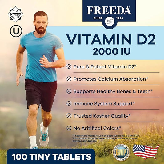 FREEDA Vitamin D2 2000 IU – Vegan Vitamin D for Bone Strength & Immune Support – Vegan Ergocalciferol D2 Supplement – 100 Tiny Tablets