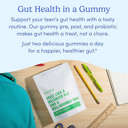 FIRST DAY Teens’ Gut Sustainer Tribiotic Gummies – 3-in-1 Prebiotic, Probiotic & Postbiotic Supplement – Supports Digestive, Skin, Oral & Immune Health, Nutrient Absorption & Growth – 60-Day Supply