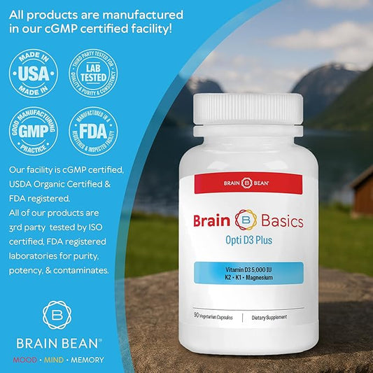 Brain Basic Opti D3 Plus - Vitamin D3 5000 IU with K1, K2, and Magnesium - Brain Support Supplement for Mood, Mind, Memory - Bone, Muscle, and Immune Health - Gluten Free, Soy Free, and Dairy Free