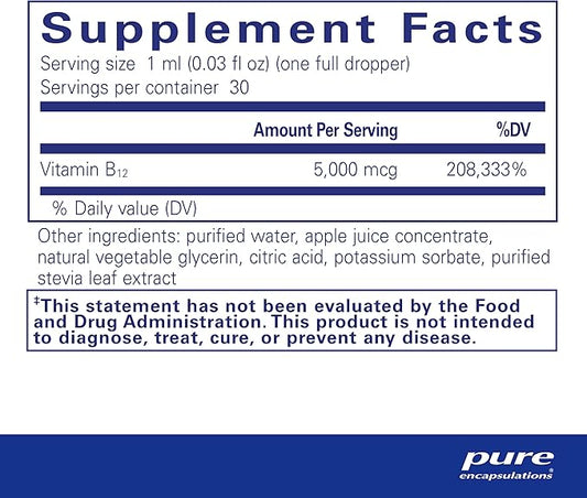 Pure Encapsulations B12 5,000 Liquid - Vitamin B12 Methylcobalamin Supplement to Support Energy, Nerve Health, Cognitive Function & Blood Cells* - Liquid Drops - 1 Fl Oz