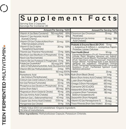 Codeage Teen Multivitamin Supplement – Daily Vitamins and Minerals for Teen Boys and Girls – Organic Whole Food Formula with Omega-3 and Vitamins A to K - 60 Capsules