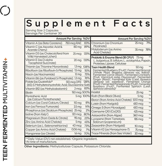 Codeage Teen Multivitamin Supplement – Daily Vitamins and Minerals for Teen Boys and Girls – Organic Whole Food Formula with Omega-3 and Vitamins A to K - 60 Capsules