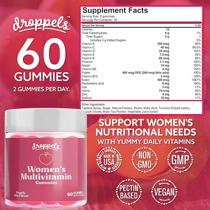 Droppels Women's Multivitamin Gummies with Folic Acid, Vitamins A, D, C, E, K, B6, B12, Biotin & More | Vegan, Non-GMO & Pectin-Based Daily Vitamins for Women | Peach Tea Flavor, 60 Count