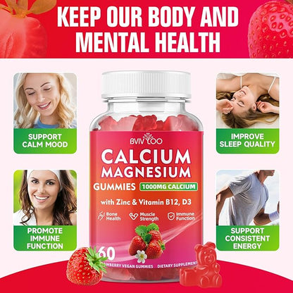 Calcium Gummies 1000mg with Vitamin D3 K2 & B Complex, Potassium, Calcium Magnesium Zinc Gummies for Bone, Muscle, Mood and Immunity - Vegan, Non-GMO, Strawberry Flavor 60 Count