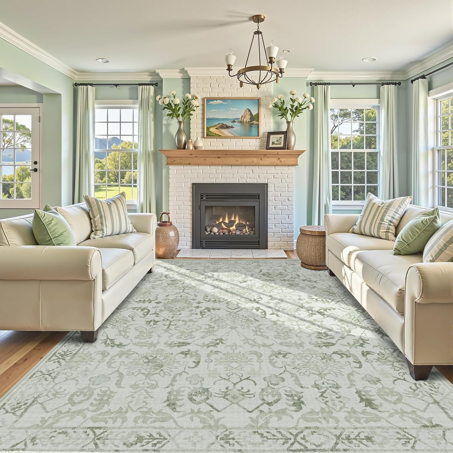 Sage Area Rugs 6x8 for Living Room, Washable Vintage Rugs for Bedroom, Distressed Throw Rug, Non Slip Floral Carpet Green Area Rug for Bedroom Dining Nursery