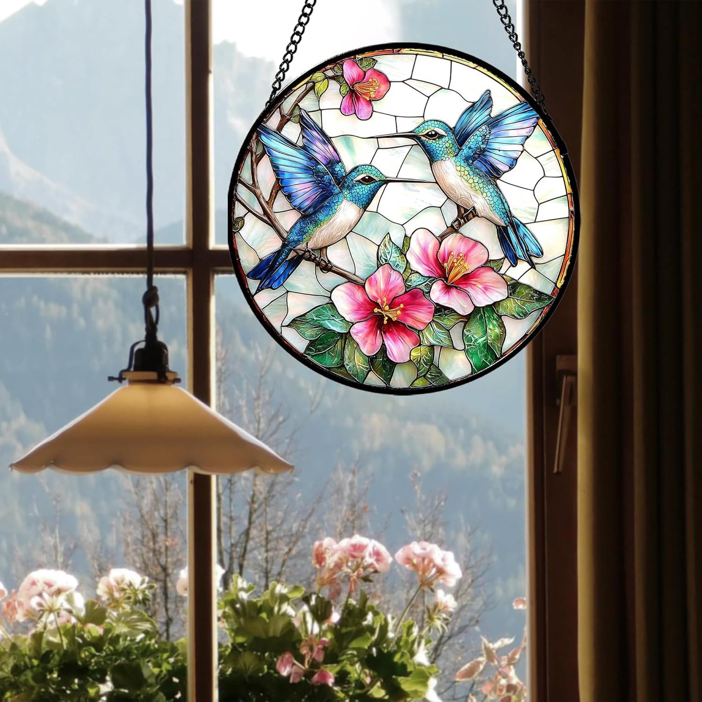 Stained Glass Window Hanging - Blue White Hummingbirds Pink Flowers Suncatcher for Door Terrace Garden Home Decor Bird Sun Catcher Birthday Gifts for Lovers Women Men Dad Mom Nana 9.8 in