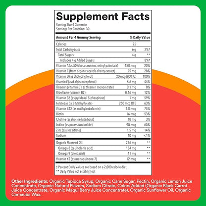 SmartyPants Organic Kids Multivitamin Gummies: Omega 3 (ALA), Vitamin D3, C, Vitamin B12, B6, A, K & Zinc for Immune Support, Biotin, Vegetarian, Three Fruit Flavors, 120 Count (30 Day Supply)