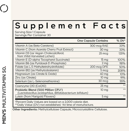 Codeage Men's Multivitamin 50 - Essential Vitamins & Minerals for Men Over 50 - Daily Multivitamins for Men Supplement - Vitamin A, C, D3, E, B6, B1, CoQ10, Probiotics, Lutein - Non-GMO - 30 Capsules