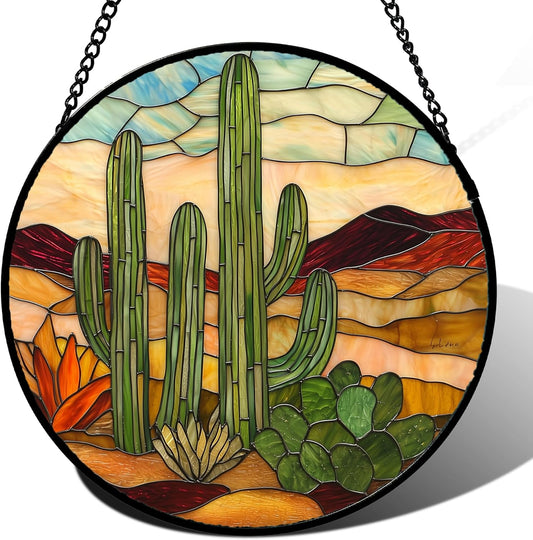 Stained Glass Window Hanging, Green Cactus Sun Catcher for Door Terrace Garden Home Decor, Abstract Desert Landscape Suncatcher Birthday Gifts for Lovers Women Men Dad Mom Nana 6.3