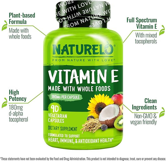 NATURELO Vitamin E - 180 mg (300 IU) of Natural Mixed Tocopherols from Organic Whole Foods - Supplement for Healthy Skin, Hair, Nails, Immune & Eye Health - Non-GMO, Soy Free - 90 Vegan Capsules