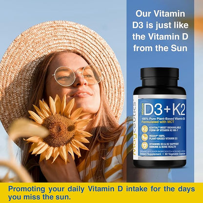 Vitamin D3 K2 with MCT, 5000 IU Vegan D3 & 100 mcg MK7 K2, Support Strong Bones and Immune Health - 60 Capsules (60 Days Supply)