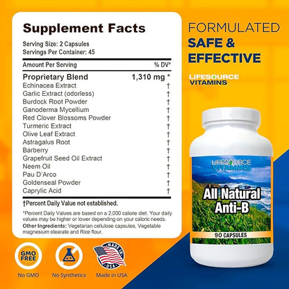 LifeSource Vitamins All Natural Anti-B for Immune Support, 14 All Natural Ingredient with Echinacea & Garlic Extract, 180 Immune Defense Capsules