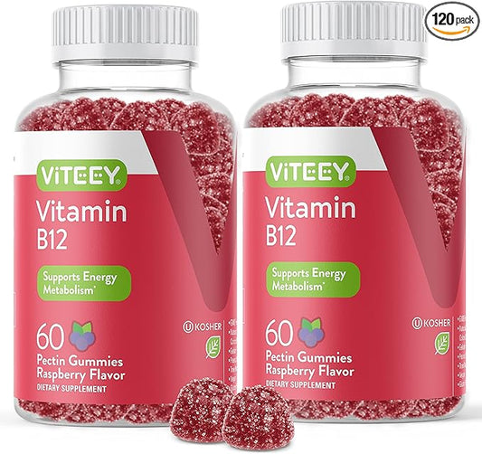 VITEEY Vitamin B12 Gummies for Adults & Teens 1000mcg - Good for Energy, Metabolism, Natural Energy, Immune System Support - Vegan, Gelatin Free, Gluten Free - Tasty Chewable Raspberry Flavored Gummy