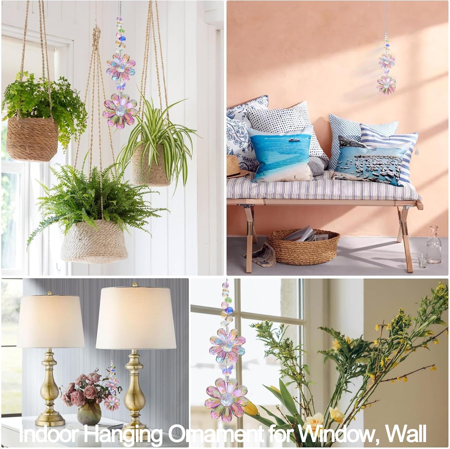 Crystal Flower Suncatcher Hanging Ornament, Rainbow Maker Window Sun Catcher Indoor Outdoor Patio Garden Decor (Purple)