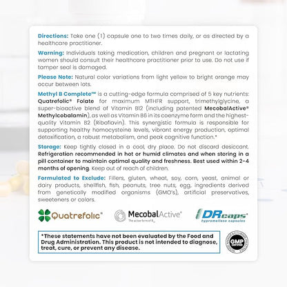 Methyl B Complete - 60 Vegetable Capsules | Optimal Methylation Support Supplement with Quatrefolic 5-MTHF (Active folate), Methylcobalamin (Active B12), B2, B6, and TMG | Pharmaceutical Grade