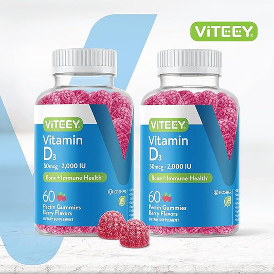 VITEEY Vitamin D3 for Adults & Teens - 2,000 IU, 50mcg, Regular Strength - Joint & Muscle Health, Immune Boost - Chewable Vitamin D Gummies - Vegetarian, Gelatin Free - Tasty Berry Flavored Gummy