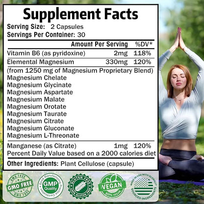 Magnesium Supplement with 9 Forms of High Absorption Magnesium Glycinate, L-threonate, Citrate, Malate and More for Muscle, Brain Support, Non-GMO, Gluten & Soy Free, 60 Capsules