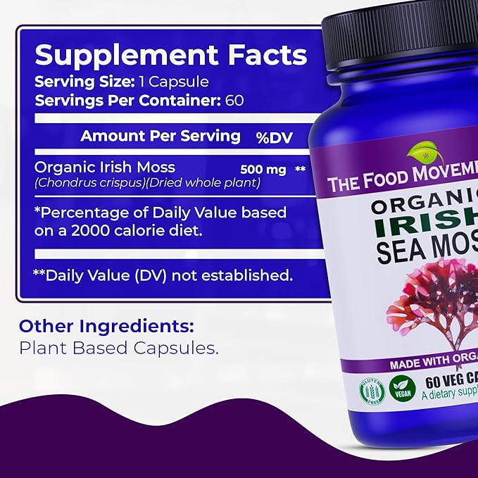 Irish Sea Moss, Organic Prebiotic Food, Over 70 Trace Minerals, Supports Healthy Elimination, Digestion and Immune Support 60 Vegetarian Capsules
