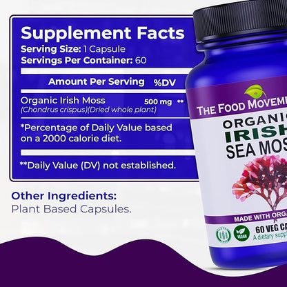 Irish Sea Moss, Organic Prebiotic Food, Over 70 Trace Minerals, Supports Healthy Elimination, Digestion and Immune Support 60 Vegetarian Capsules