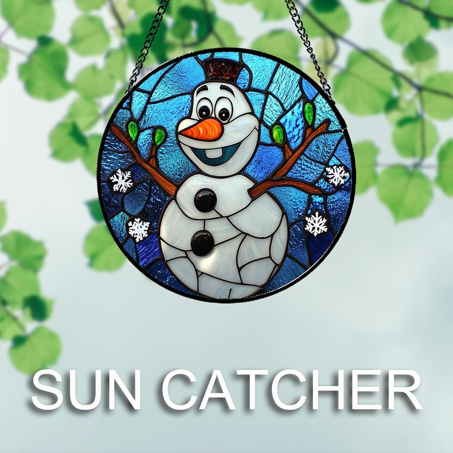 Stained Glass Window Hanging Christmas Funny Snowman 15" - Suncatcher Door Garden Blue White Snowflakes Sun Catcher New Year Birthday for Friend Mom Men Woman Nana