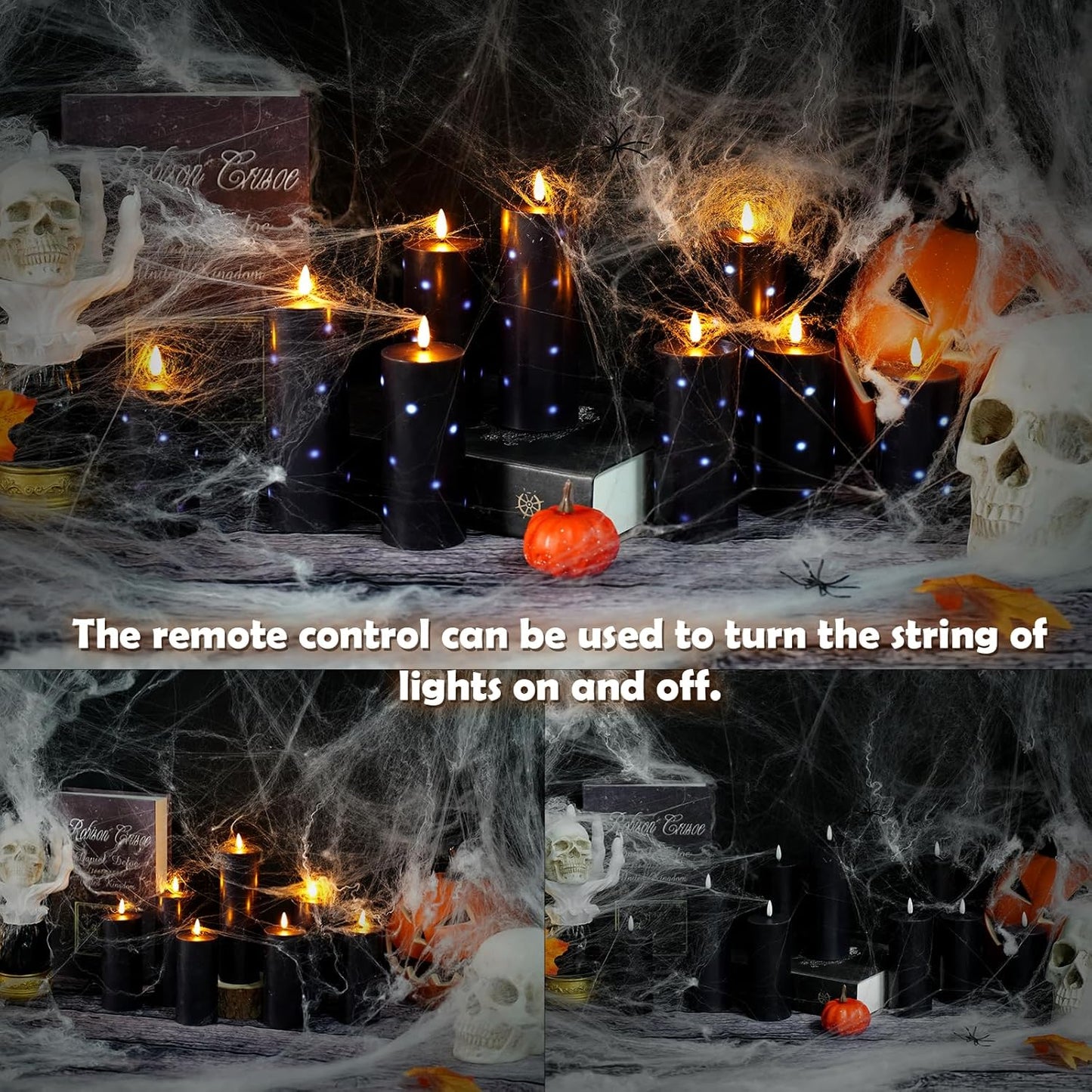 Flickering Flameless Candles,Battery Operated Real Wax LED Pillar Candles with Remote Control and Timer,with Embedded Star String,Set of 9 (Black)