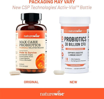 NatureWise Max Probiotics for Women & Men - 30 Billion CFU 18 Strains With Prebiotics - For Gut & Digestive Health - Delayed-Release Capsules, Gluten Free - 60 Capsules[2-Month Supply]